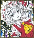  1girl :d ascot bow collared_shirt commentary_request crystal dutch_angle fangs flandre_scarlet frilled_shirt_collar frills hajike_akira hat highres long_hair looking_at_viewer marker_(medium) mob_cap open_mouth red_bow red_vest shikishi shirt smile solo touhou traditional_media upper_body vest wings wrist_cuffs yellow_ascot 