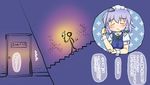  bow braid candle candlelight door green_bow hair_bow izayoi_sakuya kawamura_tenmei maid maid_headdress polka_dot puffy_short_sleeves puffy_sleeves short_hair short_sleeves stairs touhou translated twin_braids walking 