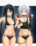  2girls absurdres ass_visible_through_thighs bikini black_background black_bikini black_choker black_hair black_shirt blue_eyes blush bow bow_bikini breasts breasts_apart budget_sarashi chinese_commentary choker commentary_request covenant_halo_(girls'_frontline_2) covered_nipples cowboy_shot dushevnaya_(girls'_frontline_2) dushevnaya_(tomorrow's_savior)_(girls'_frontline_2) girls'_frontline girls'_frontline_2:_exilium green_bow green_eyes grey_hair grin highres holding_tomato horns ksvk_(girls'_frontline) large_breasts letterboxed long_hair mechanical_arms multiple_girls navel official_alternate_costume phaetusa_(girls'_frontline_2) sarashi shirt short_hair side-tie_bikini_bottom single_horn single_mechanical_arm smile spiked_choker spikes standing stomach swimsuit taoyan_lajiaomian thigh_gap thigh_strap tied_shirt tomato white_background white_hair 