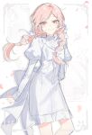  1other absurdres akiyama_mizuki arm_at_side arm_behind_back back_bow bow braid chest_bow commentary cowboy_shot dress falling_petals floating_hair grin hair_ribbon highres light_blush long_hair long_sleeves looking_at_viewer multiple_hair_ribbons official_alternate_costume official_alternate_hairstyle onigiri_0000 other_focus petals pink_eyes pink_hair pink_petals project_sekai puffy_long_sleeves puffy_sleeves ribbon saihate_e_to_tobu_kimi_e_(project_sekai) sketch smile solo twin_braids white_bow white_dress white_ribbon wind 