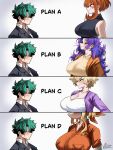  1boy 4girls absurdres artist_name bakugou_mitsuki black_sweater blonde_hair blush boku_no_hero_academia breasts brown_hair commentary furry furry_female glasses green_hair hetero highres ippan_josei lady_nagant large_breasts mature_female meme midoriya_izuku multicolored_hair multiple_girls orange_shirt pink_hair purple_hair round_eyewear shirt short_hair sleeveless sleeveless_sweater sweater two-tone_hair uraraka_ochaco vlizz 