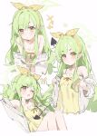  !? +++ 1girl bare_shoulders blue_archive blush cardigan chemise cropped_legs demon_tail dress green_hair green_halo hairband halo heart highres hikari_(blue_archive) hikari_(kujibikido)_(blue_archive) long_hair long_sleeves measho multiple_views off_shoulder official_alternate_costume one_eye_closed pointy_ears polka_dot polka_dot_ribbon ribbon saliva simple_background spaghetti_strap strap_slip sweatdrop tail v-shaped_eyebrows white_background white_cardigan yellow_chemise yellow_dress yellow_eyes yellow_hairband 