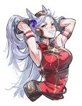  1girl animal_ears armband armpits arms_up blunt_bangs blush bow breasts brown_hat commentary_request cropped_torso dress ear_bow gloves gold_ship_(red_strife)_(umamusume) gold_ship_(umamusume) grey_hair hat highres horse_ears horse_girl large_breasts long_hair looking_at_viewer ohayonabeno open_mouth pillbox_hat purple_eyes red_bow red_dress revision sleeveless sleeveless_dress smile solo striped_armband striped_clothes sweat tail teeth umamusume white_gloves 