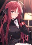  1girl :o ;o absurdres antenna_hair armband black_bow black_jacket black_skirt blurry blurry_background blush bow braid breasts buttons commentary cowboy_shot desk_lamp double-breasted dracu-riot! eyes_visible_through_hair finger_to_mouth garter_straps gloves hair_between_eyes hair_bow hair_intakes hand_up highres index_finger_raised indoors jacket kimuratamashi lamp large_breasts long_hair looking_at_viewer military_jacket military_uniform one_eye_closed open_mouth parted_bangs red_armband red_hair shushing single_braid sitting skirt solo thighhighs very_long_hair white_gloves white_thighhighs yarai_miu yellow_eyes zettai_ryouiki 