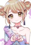  1girl artist_name azusawa_kohane blue_shirt blue_sleeves brown_eyes brown_hair closed_eyes collarbone commentary detached_sleeves dot_nose double_bun earrings eyelashes eyes_visible_through_hair fingernails frilled_shirt frills gem gradient_clothes gradient_shirt hair_bun hair_ornament hair_up hairclip highres into_the_new_light_(project_sekai) jewelry light_blush lips long_sleeves looking_at_viewer multiple_rings nail_polish necklace official_alternate_costume official_alternate_hairstyle parallel_hairclips pearl_(gemstone) pink_gem pink_nails pink_shirt project_sekai ribbed_sleeves ring saki_pokeoekaki shirt simple_background single_bare_shoulder single_detached_sleeve single_shoulder_shirt smile solo split_mouth star_(symbol) swept_bangs tassel tassel_earrings two-tone_shirt upper_body white_background 