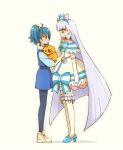  2girls animal aqua_bow aqua_bowtie bird blue_bow blue_choker blue_crown blue_eyes blue_hair blue_hairband blue_pantyhose blue_romper blue_shoes blue_sweater blunt_bangs blunt_ends bow bow_legwear bowtie brooch choker closed_mouth crown cure_nyammy cut_bangs dress dress_bow earrings frilled_thighhighs frills from_side frown grey_hair hair_bow hair_tie hairband hand_on_own_face high_heels hirogaru_sky!_precure holding holding_animal in-franchise_crossover jewelry light_frown long_hair long_sleeves looking_at_another magical_girl medium_dress medium_hair mini_crown multiple_girls nekoyashiki_yuki open_mouth pact_holder pantyhose pointed_crown precure romper shadow shoes side_ponytail simple_background single_sidelock sneakers sora_harewataru straight_hair sweatdrop sweater thighhighs very_long_hair white_background white_dress white_thighhighs wonderful_precure! yellow_shoes yuu13 yuunagi_tsubasa yuunagi_tsubasa_(bird) 