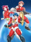  1girl 2boys ahoge android ann_(microman) arm_cannon armored_boots arthur_(microman) blue_hair boots breasts brown_eyes brown_hair chiisana_kyojin_microman:_uborg_senki_2010 clenched_hand closed_mouth commentary_request gun hand_up highres holding looking_at_viewer mechanical_wings medium_breasts microman miniskirt multiple_boys official_artist_extra open_mouth outstretched_arm oyomesandazo planet red_eyes red_hair robot_ears short_hair skirt smile space standing star_(sky) teeth thigh_strap upper_teeth_only weapon white_skirt wings zack_(microman) 