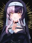  1girl absurdres alternate_costume belt black_background black_belt black_dress black_hair black_nails black_veil blunt_bangs breasts chest_belt cleavage closed_mouth commentary cross cross_earrings cross_necklace danz dress earrings english_commentary finger_to_mouth fingernails grey_hair highres hololive hololive_english index_finger_raised jewelry large_breasts light_blush long_fingernails long_hair long_sleeves looking_at_viewer multicolored_hair nail_polish necklace nun puffy_long_sleeves puffy_sleeves shiori_novella smile solo split-color_hair straight-on twitter_username two-tone_hair upper_body veil virtual_youtuber yellow_eyes 