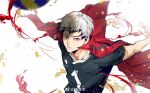  1boy ball black_hair brown_eyes colored_tips commentary_request haikyuu!! highres inarizaki_volleyball_uniform jacket jacket_on_shoulders kita_shinsuke male_focus multicolored_hair red_jacket short_hair simple_background solo track_jacket two-tone_hair upper_body volleyball_(object) watermark weibo_username weibo_watermark white_background white_hair yuan_jessie0430 
