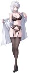  1girl absurdres black_bra black_panties black_thighhighs blue_eyes bra breasts closed_mouth commentary crossed_legs faust_(project_moon) full_body garter_belt grey_hair hair_intakes highres lace-trimmed_bra lace_trim large_breasts limbus_company looking_at_viewer medium_hair navel panties project_moon seungju shirt simple_background solo thighhighs thighs underwear untranslatable_commentary white_background white_shirt 