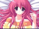  1girl bed blush downhill_night emily_(artist) emily_(pure_dream) happy konosaki_michi long_hair lying pink_hair purple_eyes ribbon ribbon_hair solo top_(company) 