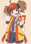  1girl :d absurdres ahoge back_ribbon badge black_eyes black_necktie black_shorts blush brown_hair collared_shirt commentary contrast_collar cowboy_shot curled_fingers cut_bangs employee_uniform fast_food_uniform hands_up happi head_tilt headset highres imadake_dabuchi_tabemi japanese_clothes looking_at_viewer mcdonald's necktie open_hand open_happi open_mouth pinstripe_pattern pinstripe_shirt red_ribbon red_trim red_visor_cap ribbon shirt short_hair short_sleeves short_twintails shorts simple_background smile solo spread_fingers striped_clothes striped_shirt tie_clip twintails ultriderfire vertical-striped_clothes vertical-striped_shirt visor_cap waving white_shirt wristband yellow_background yellow_happi 