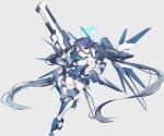  1girl absurdres aqua_halo aris_(armed)_(blue_archive) aris_(blue_archive) azarashi_gohan bare_shoulders black_hair blue_archive blue_eyes blue_necktie breasts closed_mouth commentary double-parted_bangs full_body gun hair_between_eyes halo headgear highres holding holding_gun holding_weapon leotard lineart long_hair long_hair_between_eyes mecha_musume mechanical_arms mechanical_legs mechanical_wings necktie official_alternate_costume official_alternate_hairstyle rectangular_halo ringed_eyes short_necktie showgirl_skirt simple_background small_breasts smile solo thighhighs twintails v-shaped_eyebrows very_long_hair weapon white_background white_leotard wings 