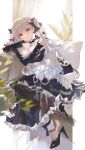  1girl absurdres azur_lane bare_shoulders between_breasts black_dress breasts cleavage closed_mouth clothes_between_breasts detached_sleeves dress formidable_(azur_lane) frilled_dress frills grey_hair high_heels highres large_breasts long_hair looking_at_viewer plant red_eyes shin_oooooo smile solo twintails two-tone_dress 