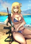  1girl american_flag american_flag_bikini american_flag_print assault_rifle beach bikini blonde_hair blue_sky braid breasts cloud commentary_request crown_braid day flag_print flag_print_bikini gun hair_rings happy_birthday highres horizon large_breasts lips long_hair looking_at_viewer losslessarts love_live! love_live!_sunshine!! m4_carbine ohara_mari outdoors print_bikini rifle single_hair_ring sitting sky solo string_bikini sunglasses swimsuit triangle_bikini_top waves weapon yellow_eyes 