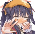  1girl absurdres black_hair blue_archive blunt_bangs blush commentary_request constricted_pupils covering_own_mouth demon_girl demon_horns embarrassed eyelashes frilled_sleeves frills furrowed_brow fuuka_(blue_archive) hair_on_horn halo hands_up headscarf highres horns jitome long_hair long_sleeves looking_at_viewer mosae nose_blush open_hand orange_headscarf portrait red_eyes red_halo simple_background solo sweat tsurime twintails white_background 