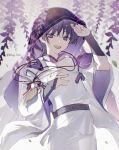  1boy 329kome armor bishounen black_bow black_sash blunt_ends bow bright_pupils crossed_bangs curled_fingers falling_leaves feathers fingernails flower genshin_impact grey_hair hand_on_own_chest hands_up highres japanese_armor japanese_clothes kimono kote kurokote layered_sleeves leaf long_sleeves looking_at_viewer male_focus open_mouth outdoors pants pelvic_curtain pom_pom_(clothes) purple_eyes purple_kimono purple_sleeves purple_veil sash scaramouche_(genshin_impact) scaramouche_(kabukimono)_(genshin_impact) see-through_clothes see-through_veil solo string teeth tongue tsurime twitter_username upper_body upper_teeth_only veil white_background white_pants white_pupils white_sleeves wide_sleeves wispy_bangs wisteria yellow_feathers 