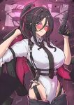  1girl absurdres artist_name backsine black_gloves black_hair black_leotard black_necktie breasts character_name closed_mouth collared_leotard covered_navel e.h._(junkyard_vanguard)_(nikke) e.h._(nikke) gloves goddess_of_victory:_nikke grey_pants gun half_gloves handgun harness highleg highleg_leotard highres holding holding_unworn_clothes holding_unworn_jacket jacket large_breasts leotard leotard_under_pants long_hair long_sidelocks looking_at_viewer necktie official_alternate_costume official_alternate_hairstyle pants pink-tinted_eyewear ponytail round_eyewear sidelocks signature solo tinted_eyewear unworn_jacket weapon white_leotard 