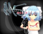  bad_id bad_pixiv_id beretta_93r blue_eyes blue_hair blush dress gun handgun kur@ken mai_(touhou) parasite_eve parody ribbon short_hair simple_background sleeveless sleeveless_dress smile solo touhou touhou_(pc-98) weapon white_dress white_ribbon 