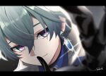  1boy armor belt belt_collar black_belt black_border black_gloves blue_shirt border choker coat collar collared_shirt commentary dutch_angle earrings finger_to_mouth genshin_impact glint gloves green_hair grey_background hair_between_eyes highres jewelry lohen_(genshin_impact) long_sleeves looking_at_viewer male_focus mole mole_under_eye multicolored_eyes reaching reaching_towards_viewer satuki_(satsuki81234556) shirt short_hair shoulder_armor shushing signature single_earring smile solo untranslatable_commentary upper_body 