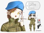  1girl :> :d beret bersa_tpr9 blue_hat brown_hair camouflage camouflage_jacket camouflage_pants chibi cigarette cigarette_pack commentary_request delfina_altamirano_(gruppe) digital_camouflage full_body gruppe gun hair_bun handgun hat highres holding holding_cigarette holster jacket military military_fatigues military_jacket military_uniform mole mole_under_eye multiple_views open_mouth original pants portrait shoes short_hair single_hair_bun smile smoke standing sunglasses thigh_holster twitter_username united_nations weapon woodland_camouflage yellow_eyes 