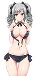  areola_slip areolae bikini black_bikini blush bow breasts choker cleavage drill_hair frilled_bikini frilled_choker frills front-tie_bikini front-tie_top hair_bow hair_ribbon highres idolmaster idolmaster_cinderella_girls kanzaki_ranko large_breasts long_hair looking_at_viewer midriff navel open_bikini open_clothes purple_eyes ribbon seductive_smile shiny shiny_skin side-tie_bikini silver_hair simple_background smile solo swimsuit thigh_gap twin_drills twintails untied untied_bikini wakame white_background 