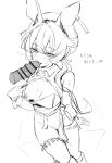  1girl animal_ears arknights bar_censor blush breasts censored death_unagi disembodied_penis dorothy_(arknights) dress ear_tag feet_out_of_frame fellatio greyscale hat highres licking licking_penis monochrome mouse_ears mouse_girl nipples one_breast_out oral penis simple_background sitting small_breasts smile solo sweat white_background 
