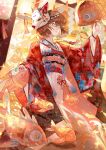  1girl blue_bow blue_eyes bow bracelet brown_hair commission fish floral_print fogstars fox_mask haibara_ai hand_up highres japanese_clothes jewelry kimono koinobori lantern mask meitantei_conan necklace paper_lantern red_kimono solo standing windsock 