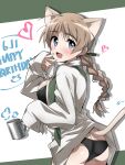  1girl absurdres ahoge animal_ears black_bra black_panties blue_eyes bra braid breasts brown_hair cat_ears cat_tail coffee_mug commentary_request cowboy_shot cup green_necktie highres large_breasts looking_at_viewer looking_back lynette_bishop medium_hair mug necktie open_mouth panties shirt smile solo strike_witches tail tokiani underwear upper_body white_shirt world_witches_series 