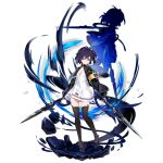  1girl :o absurdres ahoge animal_ear_legwear armband barcode black_capelet black_jacket black_shoes black_thighhighs blue_hair capelet child dhana_opini dress dual_persona energy flat_chest full_body game_asset grey_eyes hair_between_eyes hair_ornament highres holding holding_scissors jacket knees_together_feet_apart last_origin light_particles looking_to_the_side mary_janes non-web_source official_art open_clothes open_jacket open_mouth pleated_dress ponytail ribbon rubble scissors shoes short_hair short_ponytail side_ponytail simple_background solo soulworker standing tachi-e thighhighs transparent_background white_dress white_ribbon wide_sleeves yellow_armband zettai_ryouiki 