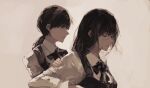  2girls 96yottea black_hair black_ribbon chainsaw_man collared_shirt dress fourth_east_high_school_uniform highres long_sleeves mitaka_asa multiple_girls neck_ribbon pinafore_dress ponytail ribbon scar scar_on_cheek scar_on_face scar_on_nose school_uniform shirt sidelocks simple_background sleeveless sleeveless_dress twintails yoru_(chainsaw_man) 