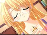  1girl blonde_hair cross downhill_night emily_(artist) emily_(pure_dream) eyes_closed glasses long_hair smile solo top_(company) yano_maria 