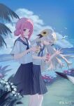  2girls absurdres beach bird black_skirt blue_neckerchief blue_sailor_collar blue_sky blush braid can cloud cloudy_sky collarbone commentary_request day double_bun eyes_visible_through_hair fingernails flower grey_eyes grey_hair grin hair_bun hair_flower hair_ornament hair_over_one_eye highres holding holding_can isekaijoucho kaf_(kamitsubaki_studio) kamitsubaki_studio long_hair looking_at_viewer medium_hair multiple_girls nail_polish neckerchief ocean outdoors palm_tree pink_hair pink_nails pleated_skirt purple_eyes red_eyes sailor_collar salute sand school_uniform seagull serafuku short_sleeves skirt sky smile sunflower sunflower_hair_ornament tree twitter_username unikat92 virtual_youtuber white_flower white_serafuku yellow_pupils 