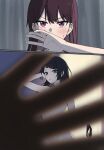  2girls bang_dream! bang_dream!_it's_mygo!!!!! black_hair black_panties blush chinese_commentary commentary_request full_body highres holding holding_unworn_clothes long_hair looking_at_viewer multiple_girls panties purple_eyes rankaku shiina_taki sweatdrop underwear yahata_umiri yuri 