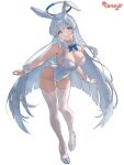  1girl absurdres alternate_costume animal_ear_hairband animal_ears artist_name blue_archive bow bowtie breasts cleavage commentary covered_navel detached_collar fake_animal_ears fake_tail hairband halo highleg highleg_leotard highres leotard long_hair mechanical_halo noa_(blue_archive) perunodesu playboy_bunny purple_eyes rabbit_ear_hairband rabbit_ears rabbit_tail smile solo strapless strapless_leotard tail thighhighs white_background white_hair white_halo white_leotard white_thighhighs white_wrist_cuffs wrist_cuffs 