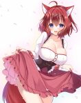  1girl :d ahoge amairo_islenauts animal_ears black_corset blue_eyes blush breasts cleavage collarbone commentary_request corset cowboy_shot eyelashes falling_petals fang frilled_corset frilled_shirt frilled_skirt frills hair_between_eyes hair_ornament highres holding_own_skirt large_breasts leaning_forward long_sleeves looking_at_viewer masaki_gaillard medium_hair medium_skirt miyako_(mongcocoa) official_alternate_costume open_mouth partial_commentary petals pink_skirt red_hair shirt simple_background skindentation skirt smile solo tail white_background white_shirt wolf_ears wolf_girl wolf_tail x_hair_ornament 