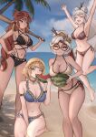  4girls arms_up baseball_bat beach bikini black_bikini blonde_hair braid breasts cleavage closed_eyes commentary english_commentary eyewear_on_head food fruit gerudo glasses green_eyes hair_ornament highres hyrule_warriors hyrule_warriors:_age_of_calamity impa jewelry large_breasts long_hair magatama magatama_necklace mourderousx multiple_girls navel necklace one_eye_closed outdoors palm_tree pointy_ears princess_zelda purah red_eyes red_hair riju round_eyewear secret_stone sheikah short_hair side-tie_bikini_bottom smile summer swimsuit the_legend_of_zelda the_legend_of_zelda:_breath_of_the_wild the_legend_of_zelda:_tears_of_the_kingdom tree watermelon 