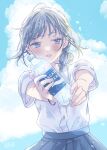  1girl absurdres blue_eyes blue_hair blue_skirt blue_sky blush bottle cloud collared_shirt comiket_100 commentary_request day highres holding holding_bottle incoming_drink kagamiya_ruru looking_at_viewer medium_hair open_mouth original outdoors pleated_skirt pocari_sweat school_uniform shirt short_sleeves short_twintails skirt sky solo summer summer_uniform teeth twintails upper_body upper_teeth_only water water_bottle white_shirt wristband 