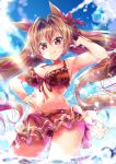  1girl animal_ears bikini bikini_skirt blue_sky blush breasts brown_hair cleavage closed_mouth commentary_request daiwa_scarlet_(mini_vacation)_(umamusume) daiwa_scarlet_(umamusume) fang frilled_bikini frills front-tie_bikini_top front-tie_top hair_intakes hand_on_own_hip hand_up highres horse_ears horse_girl horse_tail large_breasts long_hair looking_at_viewer navel ocean official_alternate_costume official_alternate_hairstyle outdoors porurin red_bikini red_eyes sky smile solo stomach swimsuit tail twintails umamusume very_long_hair wading water 