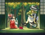  3girls apron back_bow black_boots black_hat black_skirt black_vest blonde_hair boots bow braid broom broom_riding commentary_request detached_sleeves food frilled_bow frilled_hair_tubes frills fruit hair_bow hair_tubes hakurei_reimu hat hat_bow high_heel_boots high_heels highres holding holding_food holding_popsicle kirisame_marisa lace-up_boots long_hair multiple_girls open_mouth otomeza_ryuseigun popsicle red_bow red_skirt ribbon-trimmed_sleeves ribbon_trim shouji side_braid signature single_braid skirt skirt_set sliding_doors smile sukuna_shinmyoumaru tatami touhou tree vest waist_apron watermelon watermelon_slice white_apron white_bow witch_hat yellow_eyes 