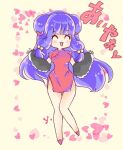  1girl animal_hands china_dress chinese_clothes claws closed_eyes commentary_request dress long_hair nyantaro_kominta_(pixiv_30725808) open_mouth petals pink_petals purple_hair ranma_1/2 red_dress shampoo_(ranma_1/2) sidelocks smile translation_request 