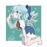  1girl barefoot blue_dress blue_eyes blue_hair blue_ribbon blush bow bowtie cirno commentary_request daiyousei detached_wings dress hair_ribbon hand_on_own_knee holding_ice ice ice_wings kepona licking looking_at_viewer puffy_short_sleeves puffy_sleeves red_bow red_bowtie ribbon shirt short_hair short_sleeves touhou white_shirt wings 