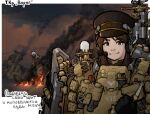  1girl absurdres brown_eyes brown_hair crash facing_viewer gnom_na_korable hat headphones highfleet highres looking_at_viewer mecha mecha_musume peaked_cap radar robot smoke 