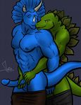  anthro balls bgn biceps big big_muscles big_penis blue_body blue_penis blue_skin buff circumcised clothed clothing dinosaur duo erection eyes_closed from_behind gay green_skin half-dressed handjob holding horn humanoid_penis male muscles nipples pants pants_down pecs penis pose reach_around reptile sauropod scales scalie sex shorts spike_(extreme_dinosaurs) standing stegosaurus stegz_(extreme_dinosaurs) topless triceratops uncut undressing 