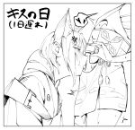  2girls anger_vein animal_ear_fluff animal_ears blush cho_kaguya-hime! commentary_request egasumi fox_ears fox_girl greyscale highres hood hood_down japanese_clothes kaguya_(cho_kaguya-hime!) kaguya_(tsukuyomi)_(cho_kaguya-hime!) kimono licking licking_navel monochrome multiple_girls sakayori_iroha sakayori_iroha_(tsukuyomi) short_hair translated yofuke/yofu yuri 