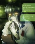  1girl absurdres antenna_hair bandaid bandaid_on_face bandaid_on_nose black_hair blood blood_on_ears blood_on_face blue_scarf blunt_bangs bob_cut clipboard closed_mouth coat colored_skin commentary cuts cyborg dark_background english_commentary english_text exotic0404 film_grain frown highres holding holding_clipboard holding_mask industrial_pipe injury irena_kazimierz lab_coat lens_eye looking_at_viewer mask math mechanical_arms medal medium_hair orange_eyes peripeteia raised_eyebrow respirator scar scar_on_face scar_on_mouth scarf scowl sidelocks solo striped_clothes striped_scarf two-tone_scarf upper_body vertical-striped_clothes vertical-striped_scarf video_game_dialogue_box white_coat white_scarf white_skin x_(symbol) 