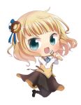  1girl black_pantyhose black_shoes black_vest blonde_hair blue_bow blue_bowtie blue_eyes blue_ribbon bow bowtie chibi choco_fashion chocolate-covered_food collared_shirt donut donut_hair_ornament food food-themed_hair_ornament full_body gochuumon_wa_usagi_desu_ka? hair_ornament hair_ribbon holding holding_microphone kirima_syaro long_sleeves looking_at_viewer microphone official_art old-fashioned_donut open_mouth pantyhose rabbit_house_uniform ribbon shirt shoes short_hair simple_background solo striped_bow striped_bowtie striped_clothes vest white_background white_ribbon white_shirt yellow_vest 