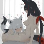  2girls ahoge animal_ear_piercing animal_ears aqua_eyes ass bar_censor bilingual_commentary black_hair black_ribbon breasts censored closed_eyes commentary completely_nude dark_persona double-parted_bangs fellatio fox_ears fox_girl fox_tail futa_with_female futanari hair_between_eyes hair_ribbon heart highres hololive indoors kurokami_fubuki long_hair low_ponytail medium_breasts mixed-language_commentary multicolored_hair multiple_girls nipples nude open_mouth oral penis pentagram ponytail red_streaks ribbon selfcest shirakami_fubuki shiroi_yoru sitting sound_effects streaked_hair tail virtual_youtuber white_hair 