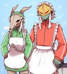  1boy 1girl absurdres aki_(xdd) alternate_costume animal_skull apron bad_id bad_pixiv_id bandaged_hand bandaged_leg bandages blue_background breasts colored_skin cowboy_shot crossdressing crossdressing_(mtf) dark-skinned_female dark_skin enmaided frilled_apron frills green_shirt grey_skin highres jacket jersey_maid long_hair long_sleeves maid maid_apron maid_headdress male_maid mask red_eyes red_shirt shirt short_sleeves skull_on_head slay_the_spire standing sweatdrop sword the_ironclad_(slay_the_spire) the_silent_(slay_the_spire) track_jacket turtleneck turtleneck_jacket unconventional_maid very_dark_skin waist_apron weapon white_apron white_hair 