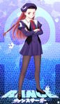  black_legwear blush braid brown_eyes crossed_arms gabu glasses hat legs long_hair magic_the_gandhi mary_janes necktie pantyhose rance_(series) red_hair school_uniform sengoku_rance shoes solo 